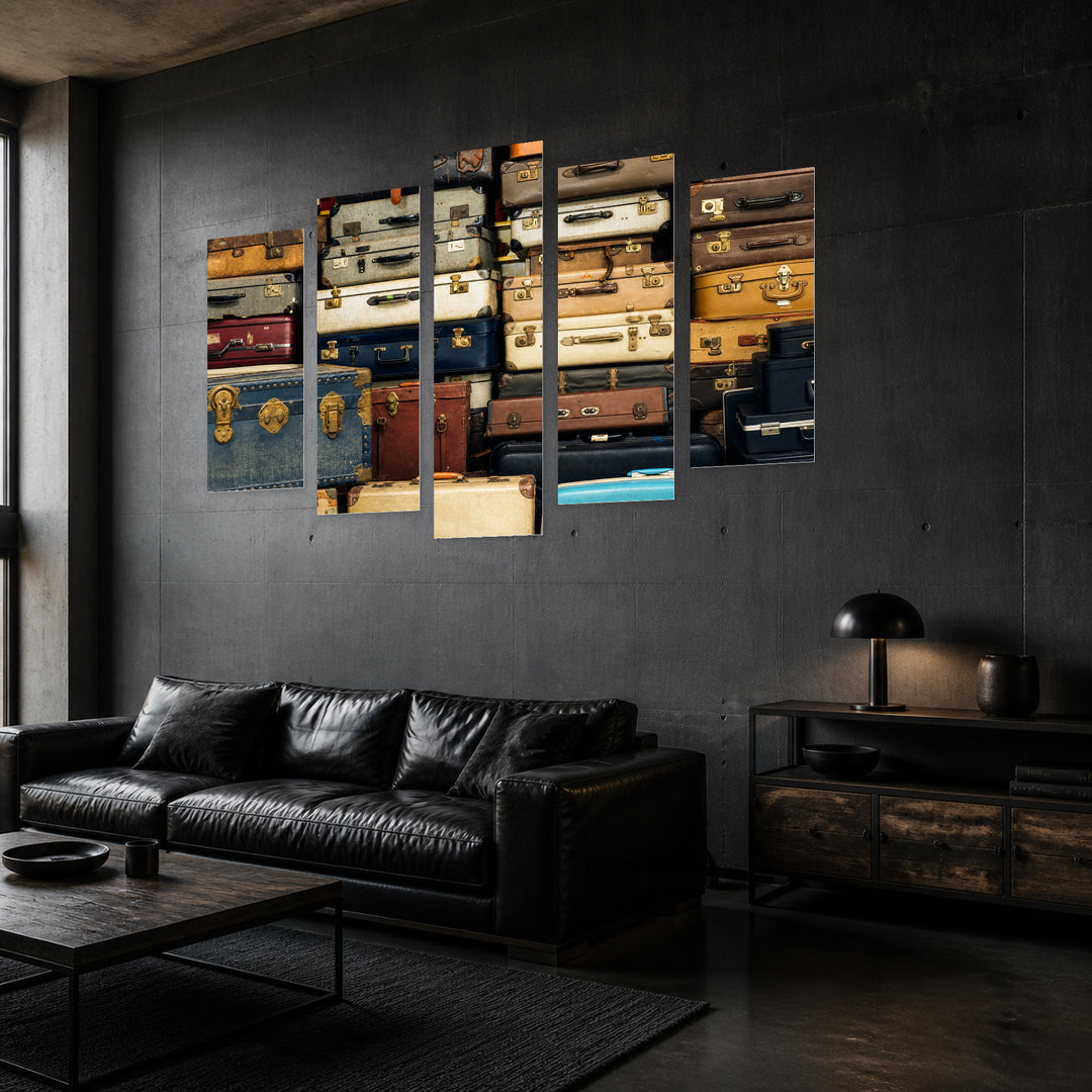 Retro Suitcases in Blue and Gold — five-panel wall art in perspective interior | 5wallart 54650 M2