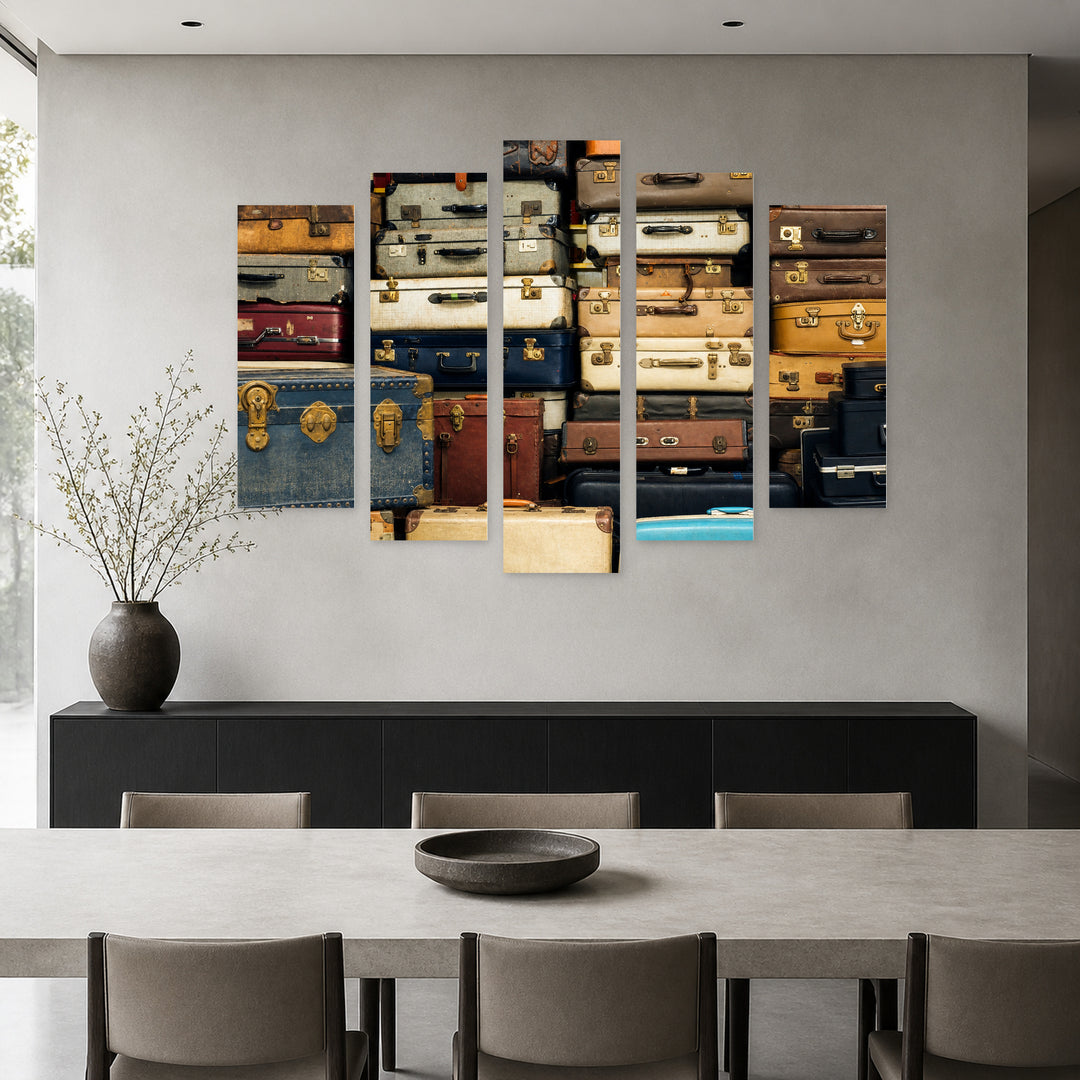 Retro Suitcases in Blue and Gold — five-panel wall art in frontal interior | 5wallart 54650 M3