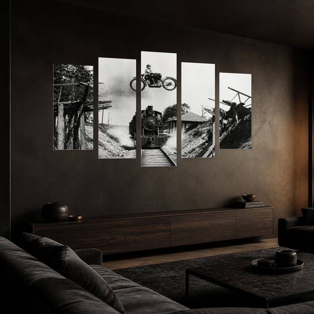 Black and White Composition with Geometric Rhythm — five-panel wall art in perspective interior | 5wallart 54651 M2