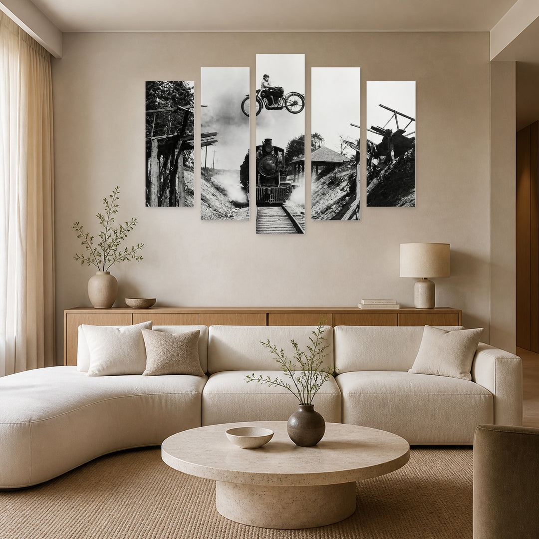 Black and White Composition with Geometric Rhythm — five-panel wall art in frontal interior | 5wallart 54651 M3