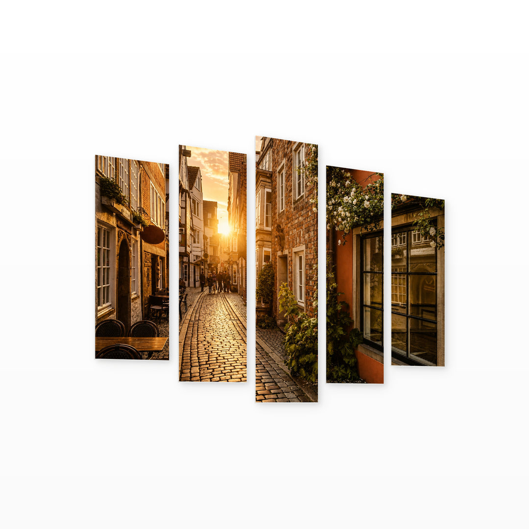 Golden Sunset over Old European City — five-panel wall art on white background in perspective | 5wallart 54652 M1