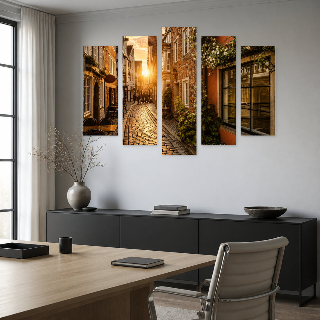 Golden Sunset over Old European City — five-panel wall art in frontal interior | 5wallart 54652 M3