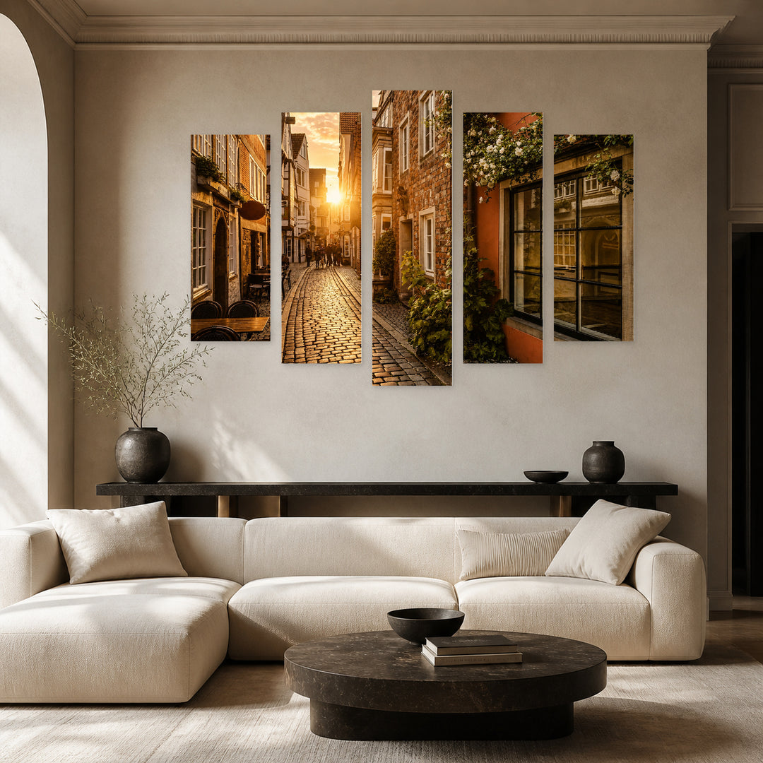 Golden Sunset over Old European City — five-panel wall art in alternate frontal interior | 5wallart 54652 M4