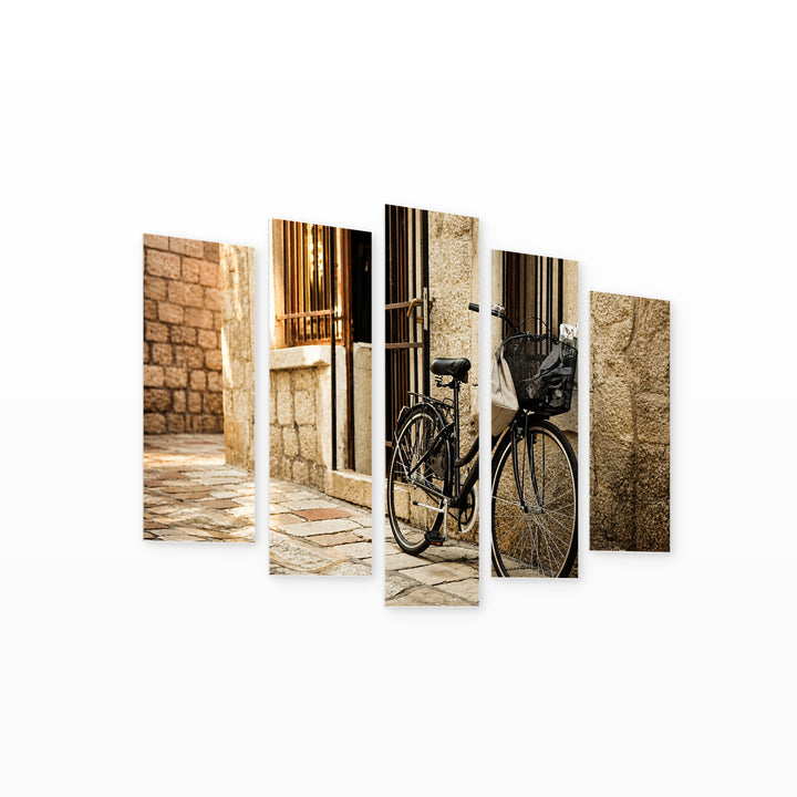 Bicycle on a Cobblestone Street Motion Study — five-panel wall art on white background in perspective | 5wallart 54653 M1