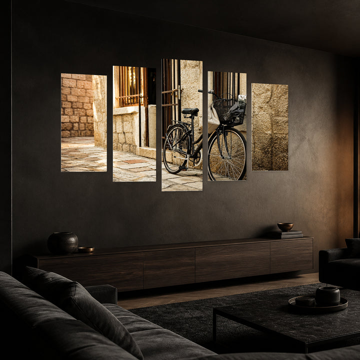 Bicycle on a Cobblestone Street Motion Study — five-panel wall art in perspective interior | 5wallart 54653 M2
