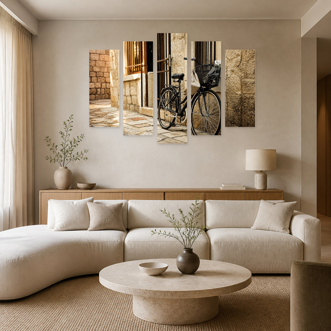 Bicycle on a Cobblestone Street Motion Study — five-panel wall art in frontal interior | 5wallart 54653 M3