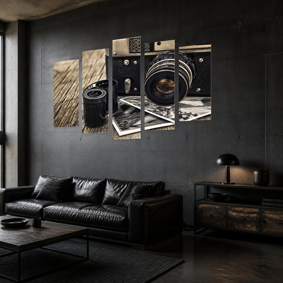 Old Retro Camera Vintage Study II — five-panel wall art in perspective interior | 5wallart 54654 M2