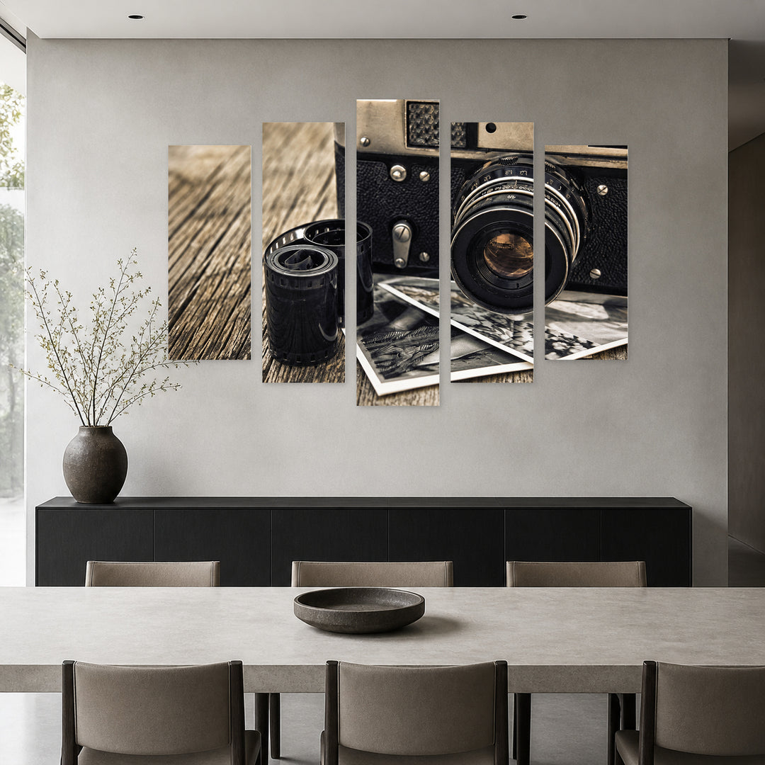 Old Retro Camera Vintage Study II — five-panel wall art in frontal interior | 5wallart 54654 M3