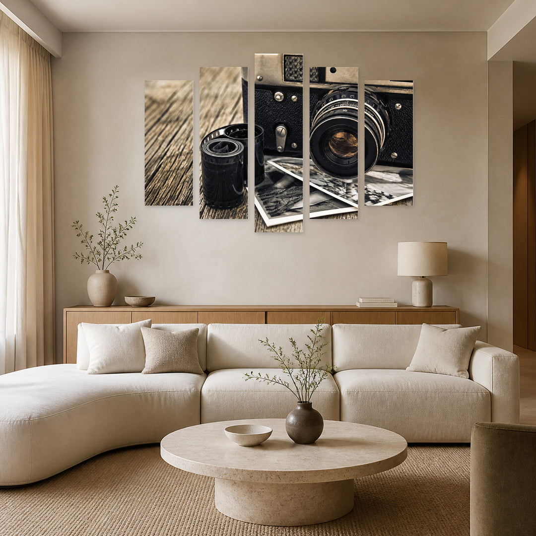 Old Retro Camera Vintage Study II — five-panel wall art in alternate frontal interior | 5wallart 54654 M4