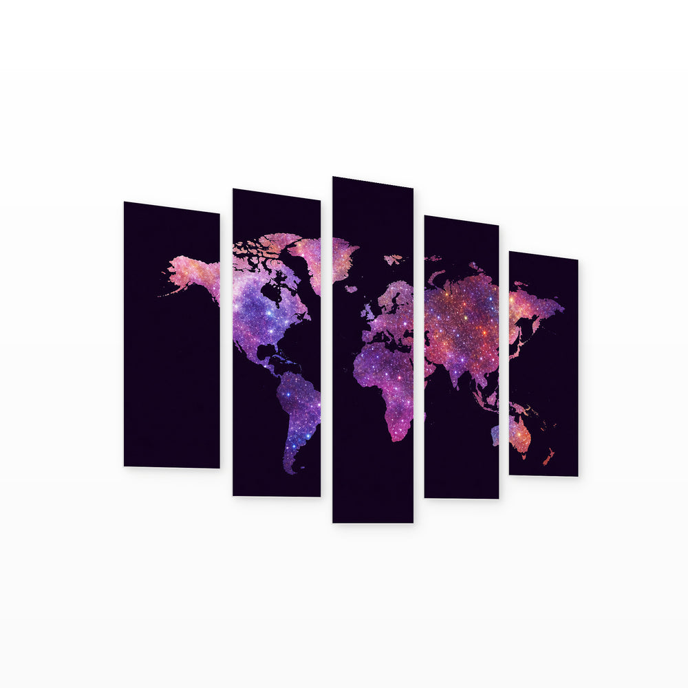 Abstract Multicolored World Map in Vivid Color — five-panel wall art on white background in perspective | 5wallart 54656 M1