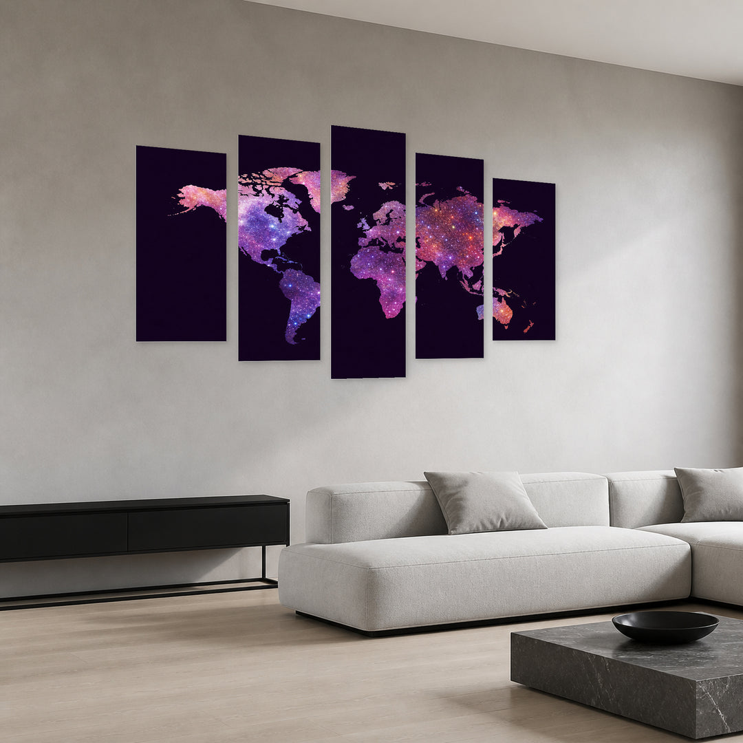 Abstract Multicolored World Map in Vivid Color — five-panel wall art in perspective interior | 5wallart 54656 M2