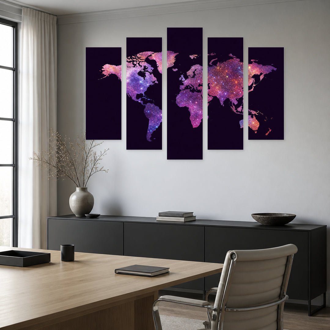 Abstract Multicolored World Map in Vivid Color — five-panel wall art in frontal interior | 5wallart 54656 M3