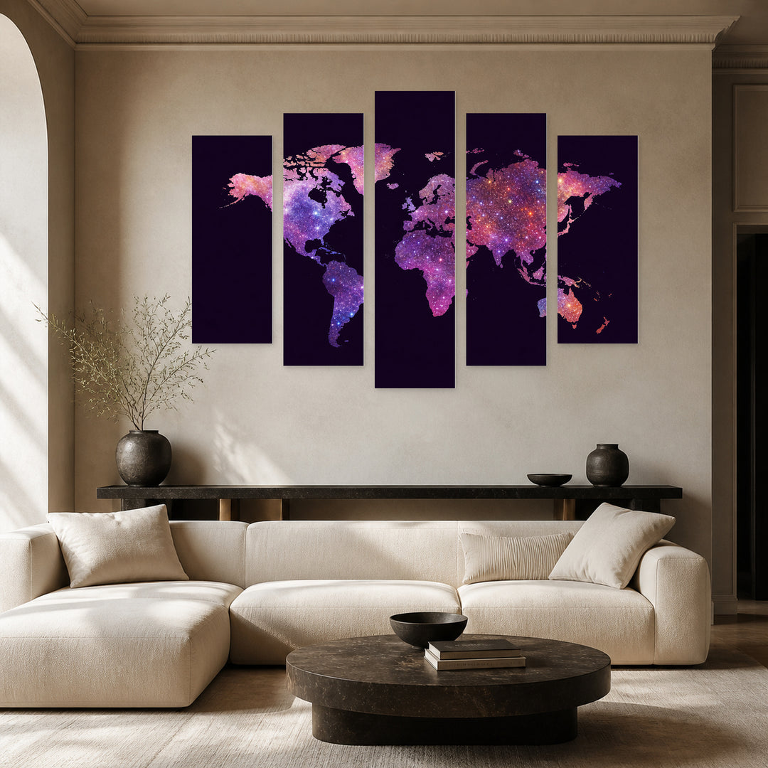 Abstract Multicolored World Map in Vivid Color — five-panel wall art in alternate frontal interior | 5wallart 54656 M4