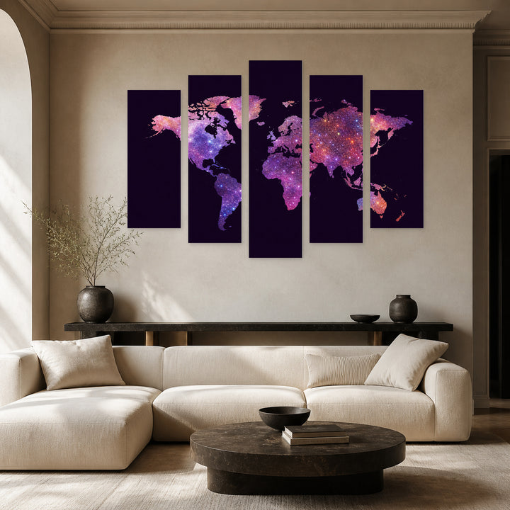 Abstract Multicolored World Map in Vivid Color — five-panel wall art in alternate frontal interior | 5wallart 54656 M4