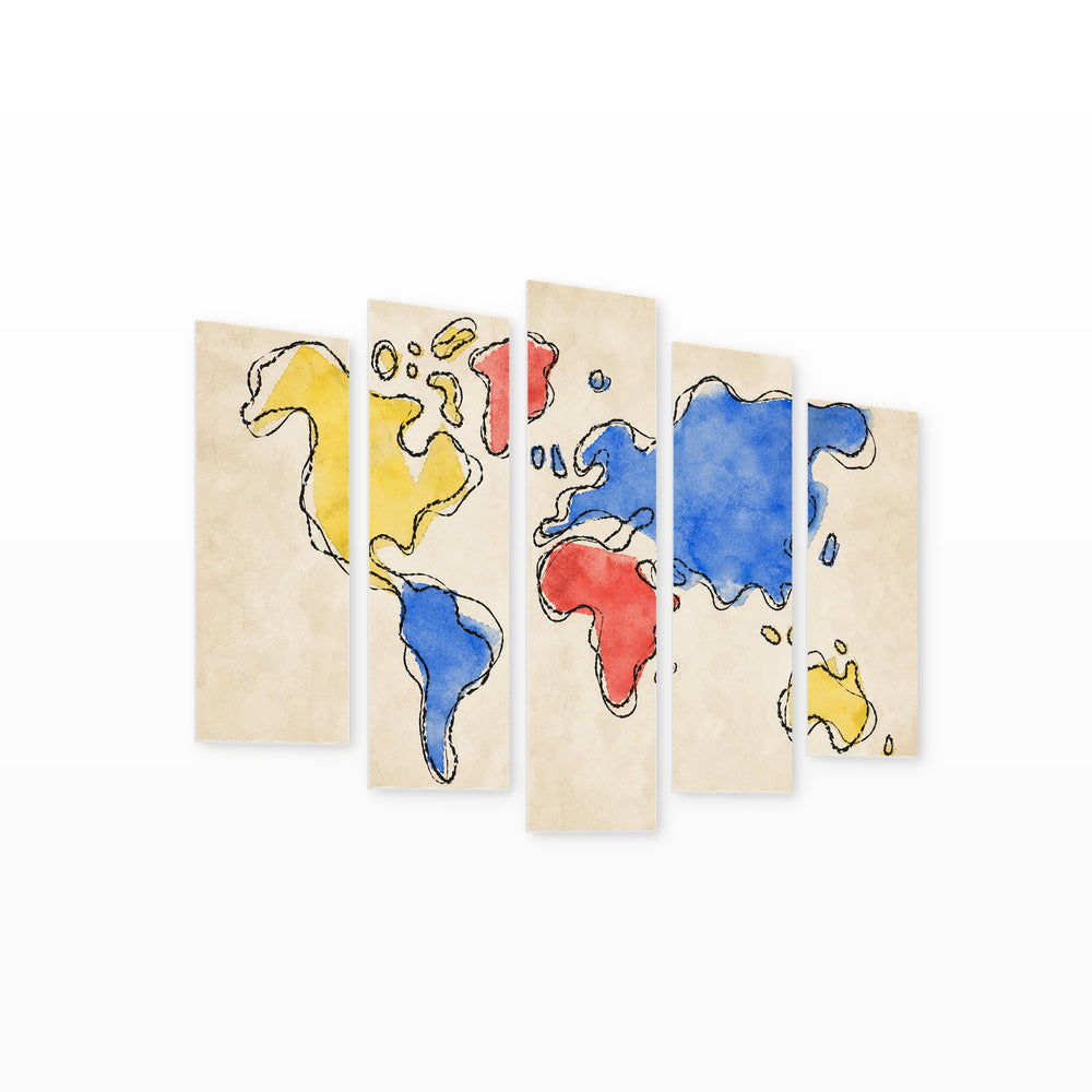 Colorful World Map Vintage Study — five-panel wall art on white background in perspective | 5wallart 54658 M1