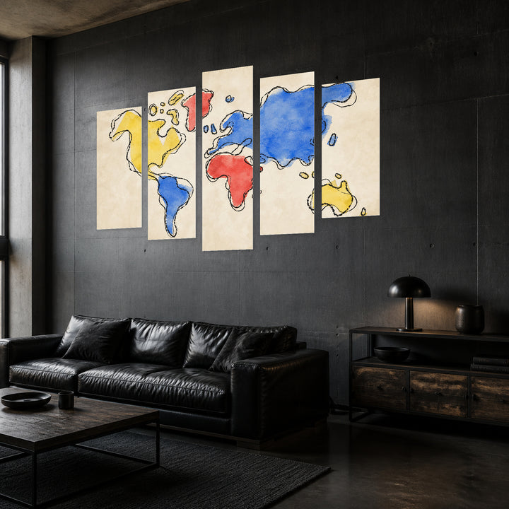Colorful World Map Vintage Study — five-panel wall art in perspective interior | 5wallart 54658 M2