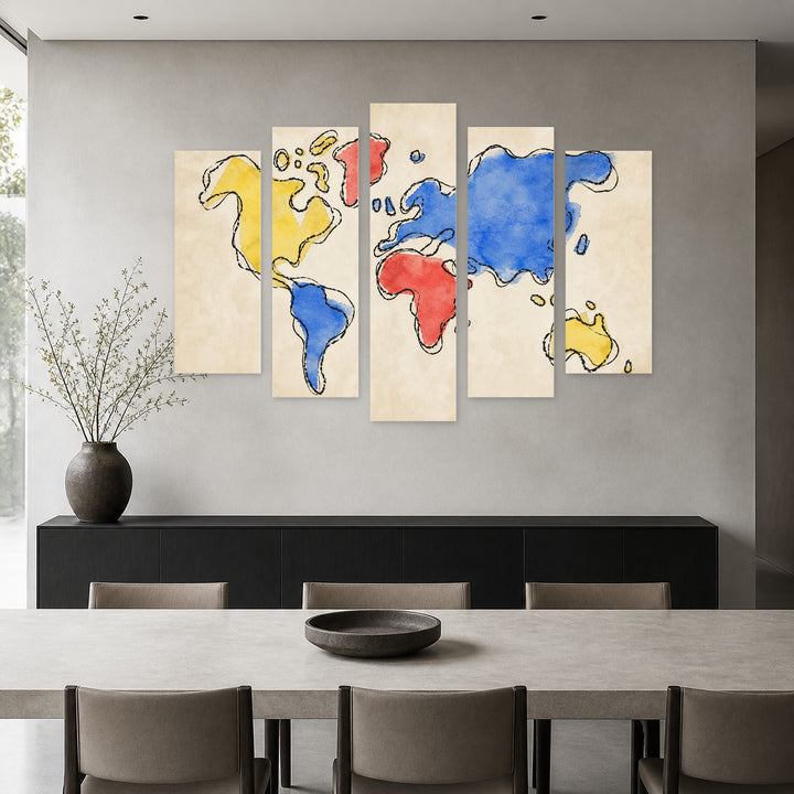 Colorful World Map Vintage Study — five-panel wall art in frontal interior | 5wallart 54658 M3