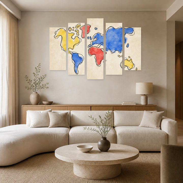 Colorful World Map Vintage Study — five-panel wall art in alternate frontal interior | 5wallart 54658 M4