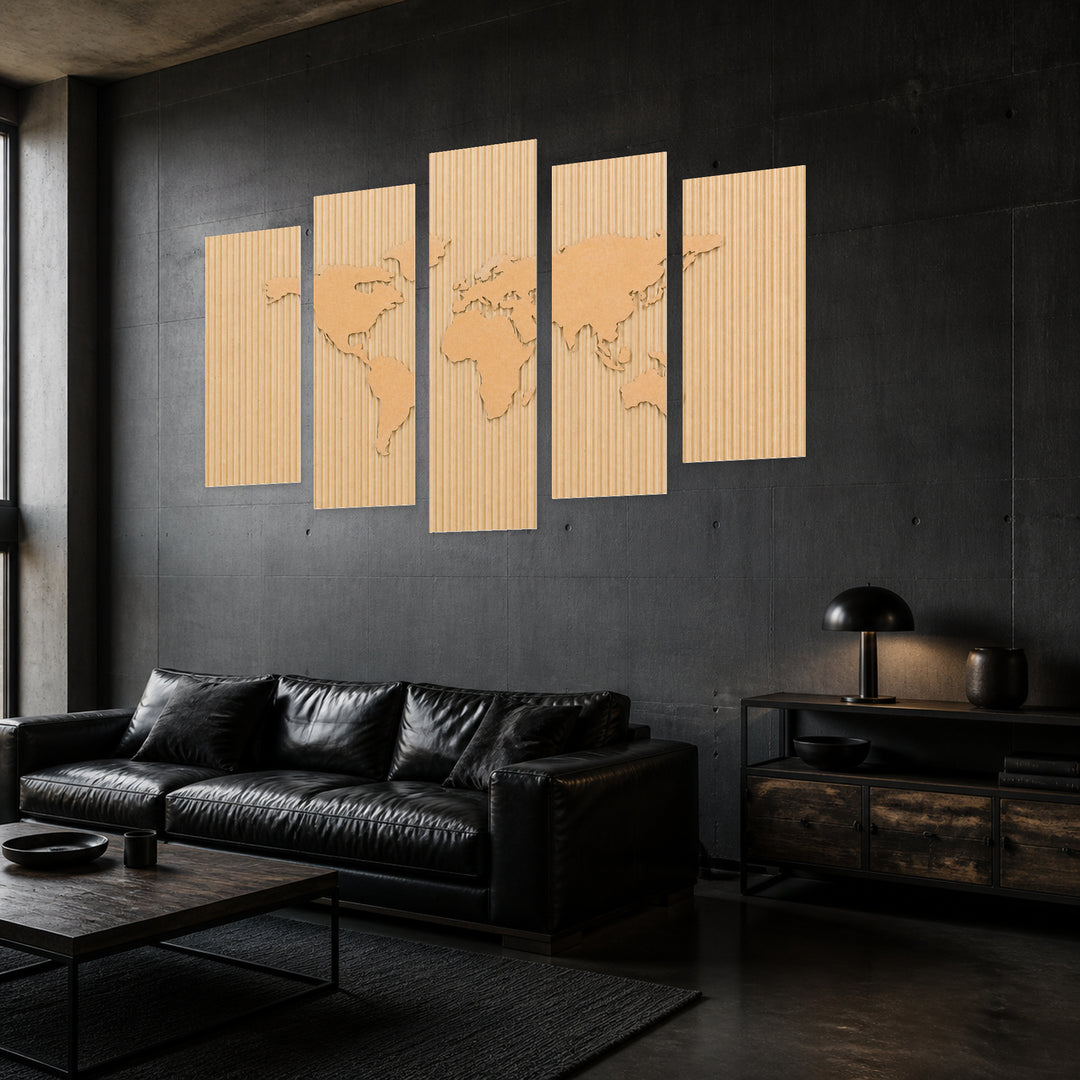 Paper World Map in Serene Light — five-panel wall art in perspective interior | 5wallart 54660 M2