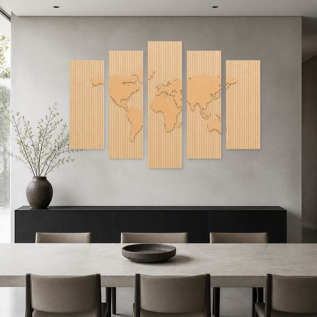 Paper World Map in Serene Light — five-panel wall art in frontal interior | 5wallart 54660 M3