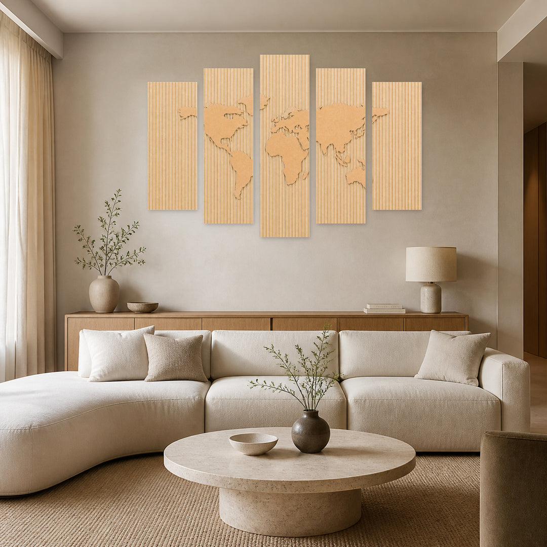Paper World Map in Serene Light — five-panel wall art in alternate frontal interior | 5wallart 54660 M4