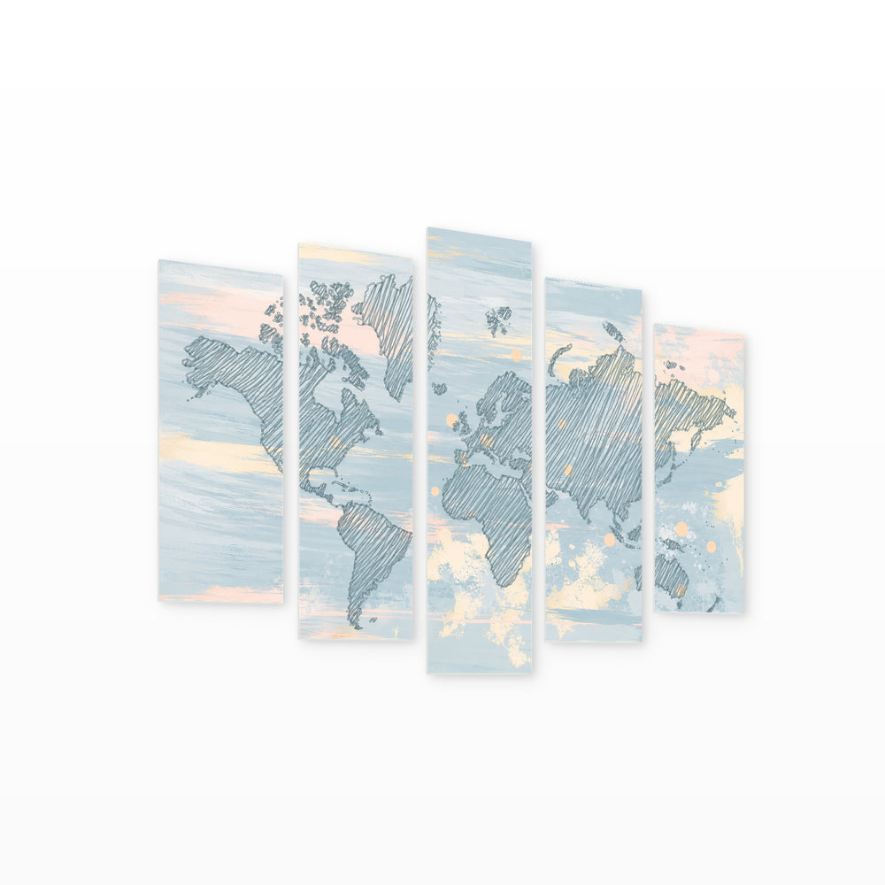World Map in Blue in Serene Light — five-panel wall art on white background in perspective | 5wallart 54661 M1