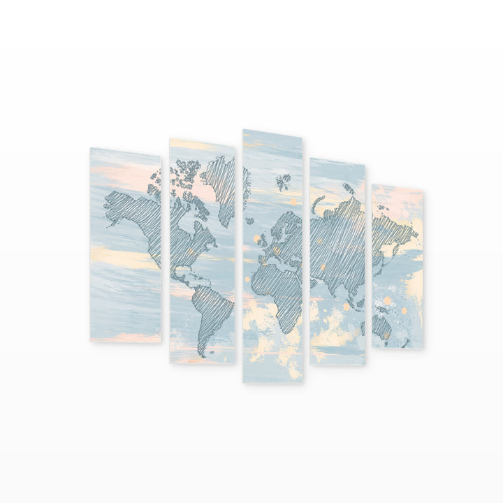 World Map in Blue in Serene Light — five-panel wall art on white background in perspective | 5wallart 54661 M1
