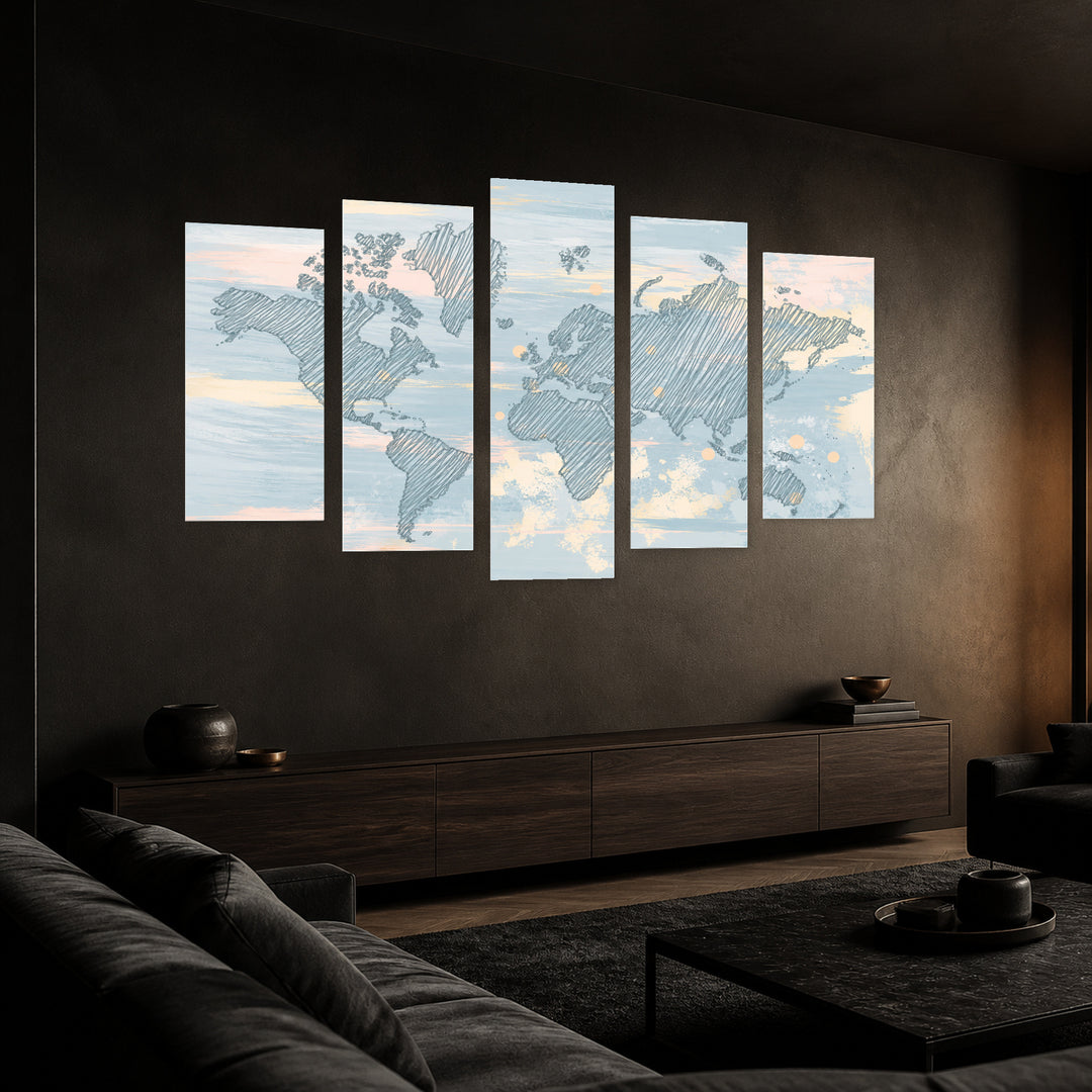 World Map in Blue in Serene Light — five-panel wall art in perspective interior | 5wallart 54661 M2