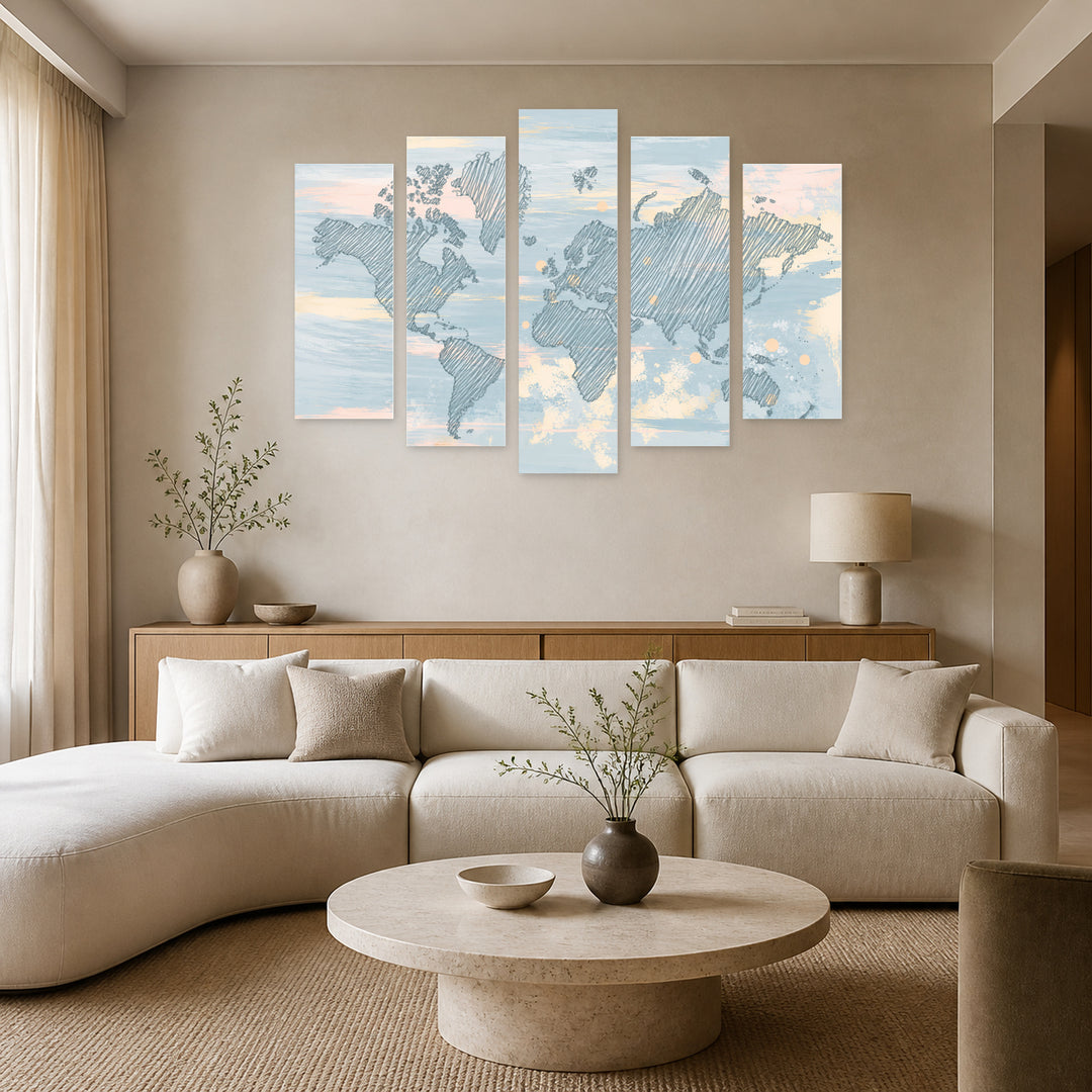 World Map in Blue in Serene Light — five-panel wall art in frontal interior | 5wallart 54661 M3