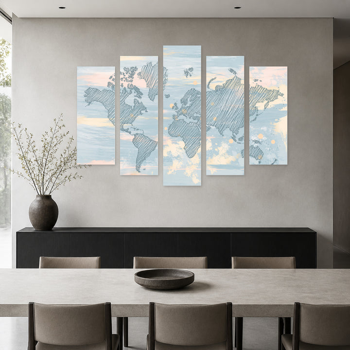 World Map in Blue in Serene Light — five-panel wall art in alternate frontal interior | 5wallart 54661 M4
