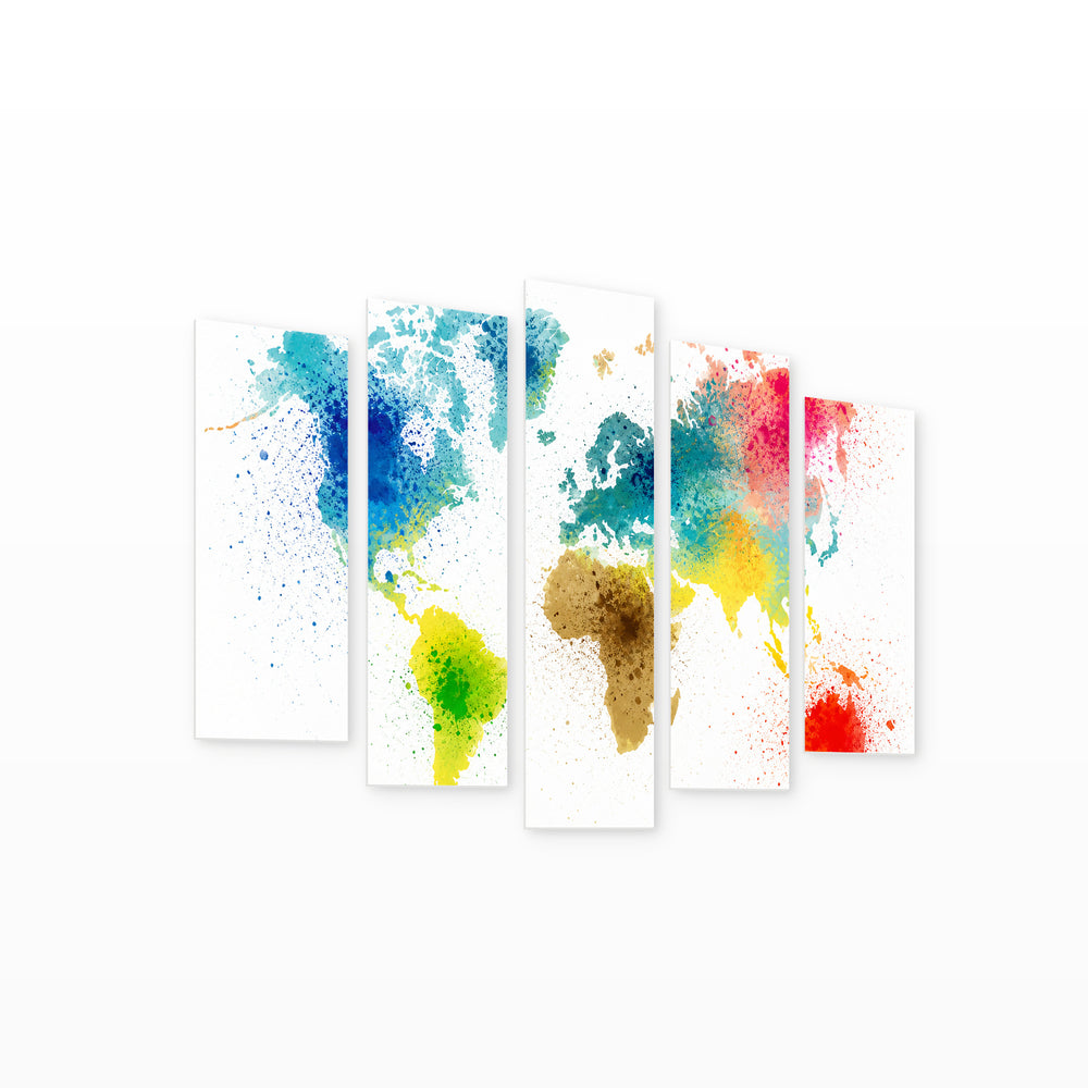 Colorful World Map with Paint Splashes Vintage Study — five-panel wall art on white background in perspective | 5wallart 54662 M1