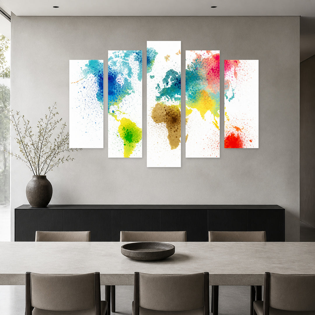 Colorful World Map with Paint Splashes Vintage Study — five-panel wall art in frontal interior | 5wallart 54662 M3