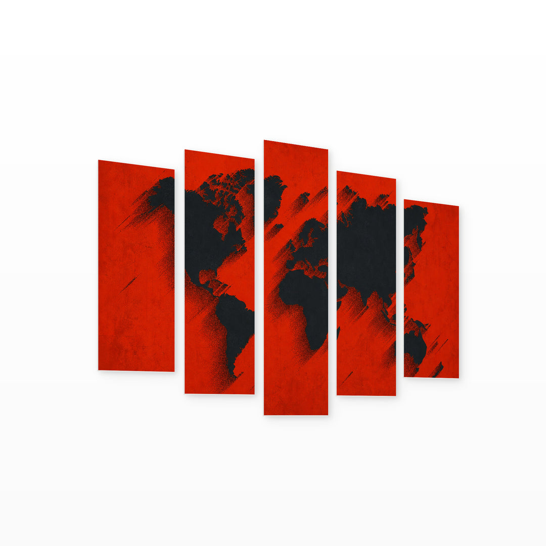 World Map in Black and Red Vintage Study — five-panel wall art on white background in perspective | 5wallart 54663 M1