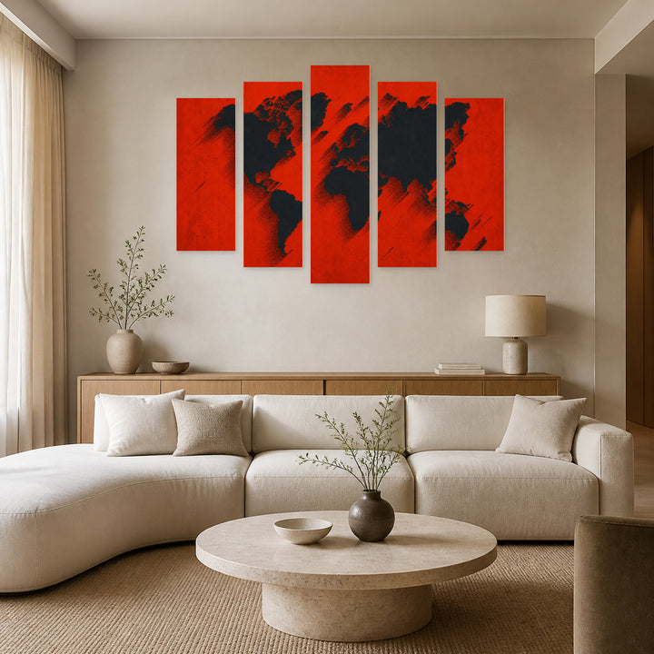 World Map in Black and Red Vintage Study — five-panel wall art in frontal interior | 5wallart 54663 M3