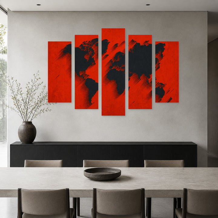 World Map in Black and Red Vintage Study — five-panel wall art in alternate frontal interior | 5wallart 54663 M4