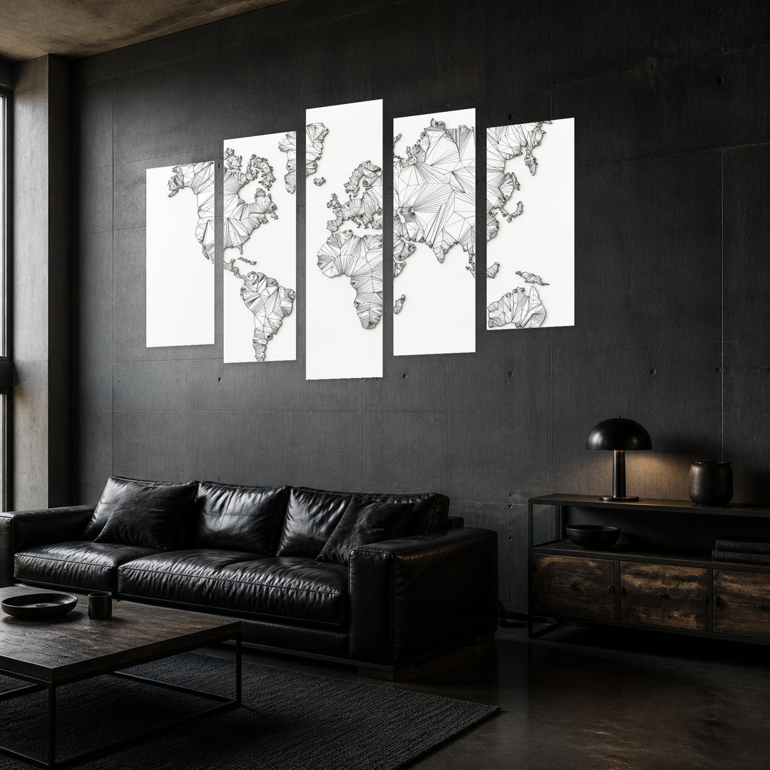 Abstract Map of the Continents with Geometric Rhythm — five-panel wall art in perspective interior | 5wallart 54664 M2