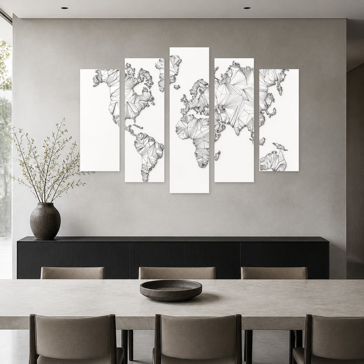 Abstract Map of the Continents with Geometric Rhythm — five-panel wall art in frontal interior | 5wallart 54664 M3