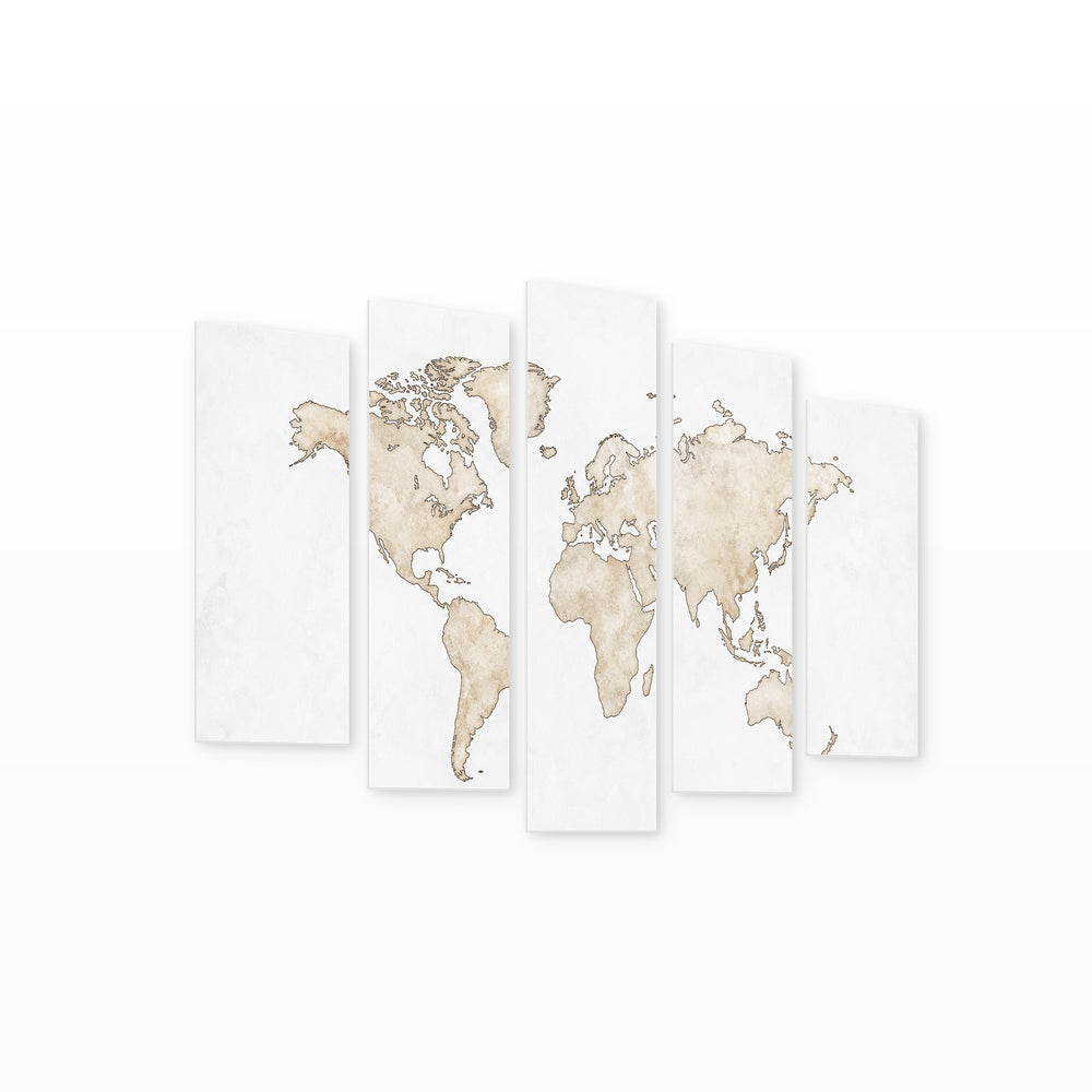 World Map on a White Background Vintage Study — five-panel wall art on white background in perspective | 5wallart 54665 M1