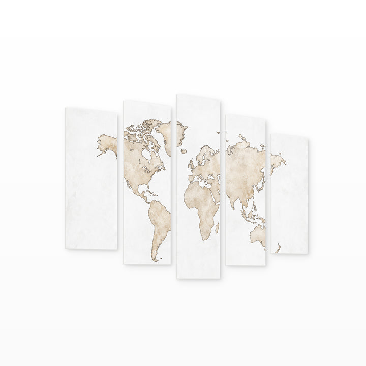 World Map on a White Background Vintage Study — five-panel wall art on white background in perspective | 5wallart 54665 M1