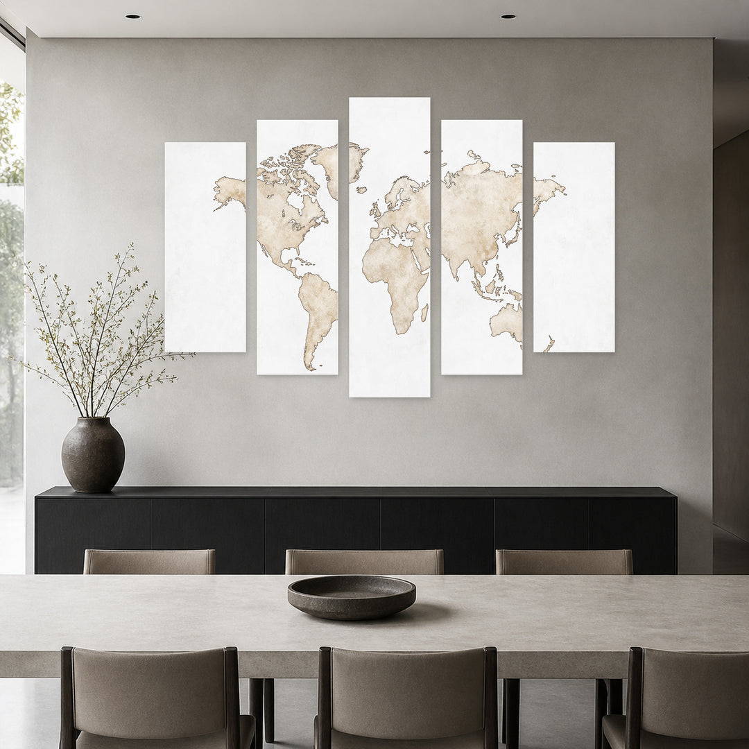 World Map on a White Background Vintage Study — five-panel wall art in alternate frontal interior | 5wallart 54665 M4
