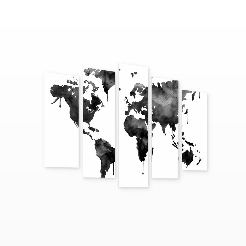 Black Watercolor World Map in Vivid Color — five-panel wall art on white background in perspective | 5wallart 54666 M1