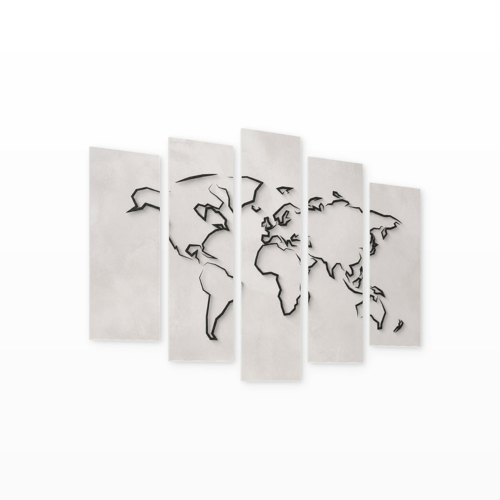 Minimalist Style World Map in Serene Light — five-panel wall art on white background in perspective | 5wallart 54667 M1