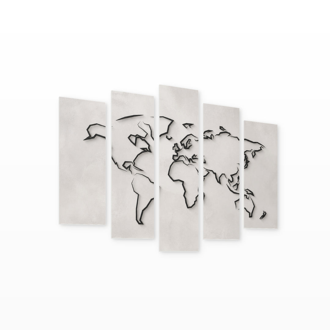 Minimalist Style World Map in Serene Light — five-panel wall art on white background in perspective | 5wallart 54667 M1