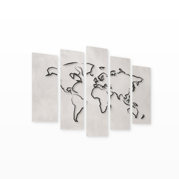 Minimalist Style World Map in Serene Light — five-panel wall art on white background in perspective | 5wallart 54667 M1
