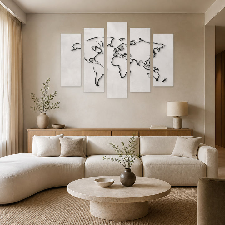 Minimalist Style World Map in Serene Light — five-panel wall art in frontal interior | 5wallart 54667 M3