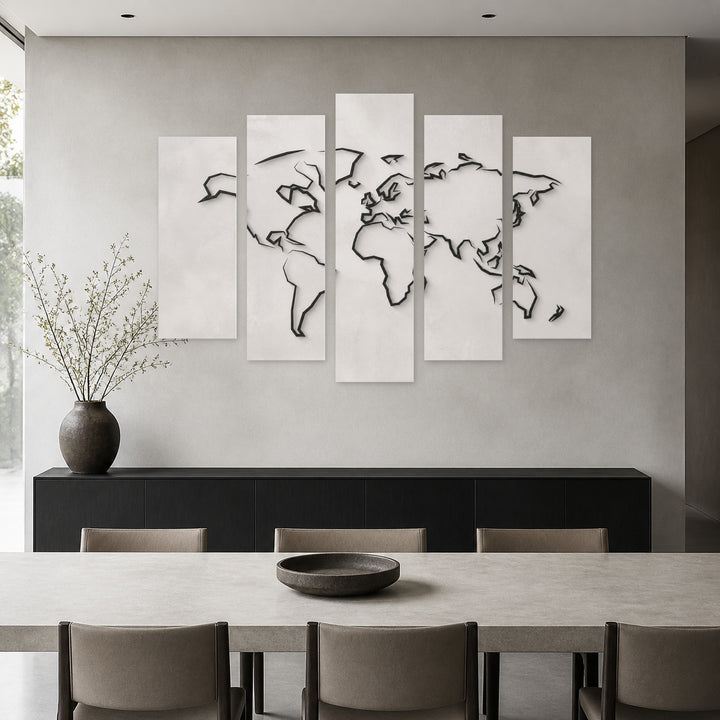 Minimalist Style World Map in Serene Light — five-panel wall art in alternate frontal interior | 5wallart 54667 M4