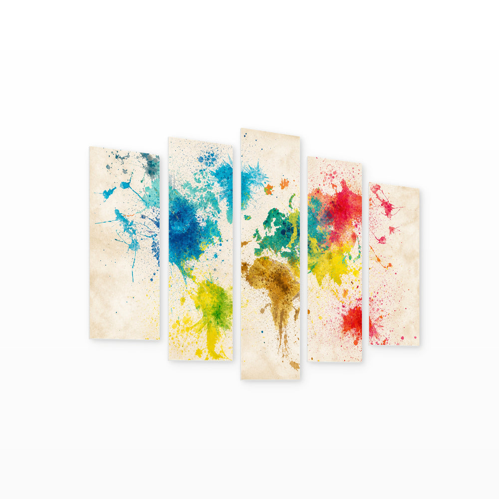World Map with Paint Splashes Vintage Study — five-panel wall art on white background in perspective | 5wallart 54668 M1
