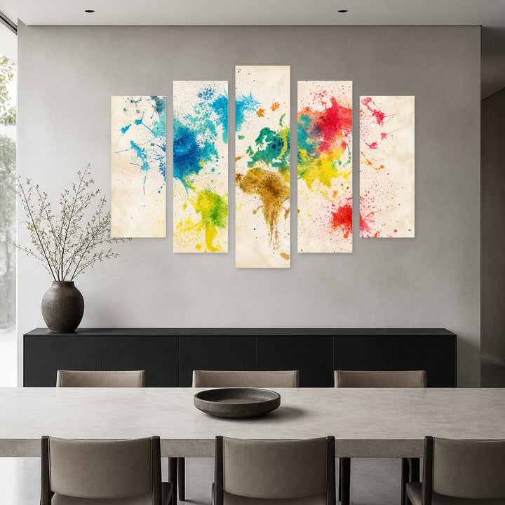 World Map with Paint Splashes Vintage Study — five-panel wall art in frontal interior | 5wallart 54668 M3