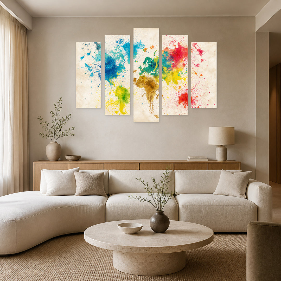 World Map with Paint Splashes Vintage Study — five-panel wall art in alternate frontal interior | 5wallart 54668 M4