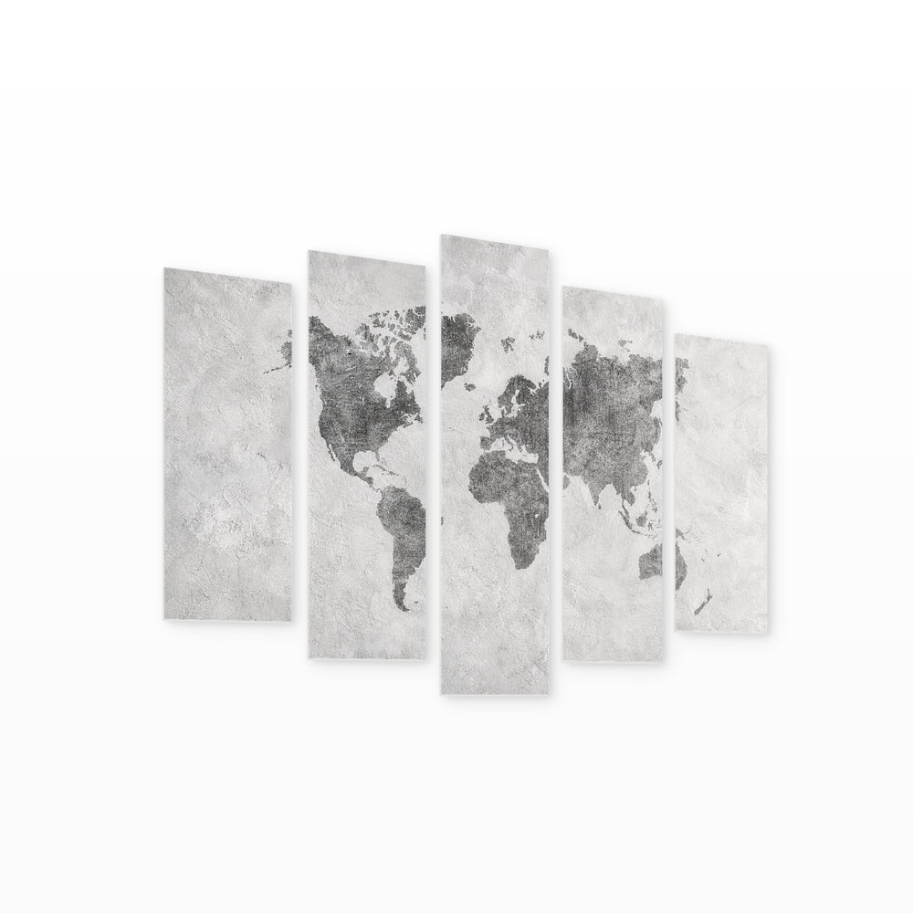 Black and White World Map in Serene Light — five-panel wall art on white background in perspective | 5wallart 54669 M1